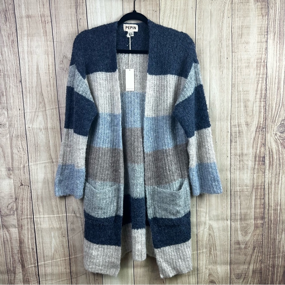 Pepin for Anthropologie Women's Striped Sweater Alpaca Wool- Blue and Gray
